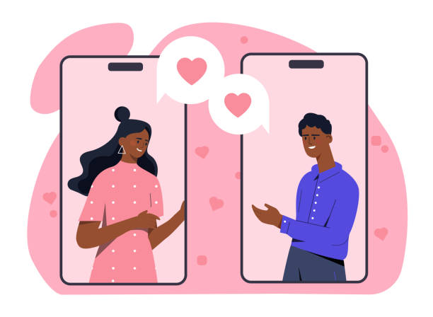 Ilustração de um homem e uma mulher conversando por celular com corações, representando o grupo Tribou Crush da comunidade Tribou.
