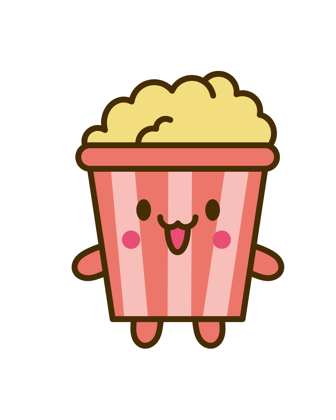 Ilustração fofa de um balde de pipoca com rosto sorridente, representando o grupo CineTribo da comunidade Tribou, voltado para fãs de filmes e séries.